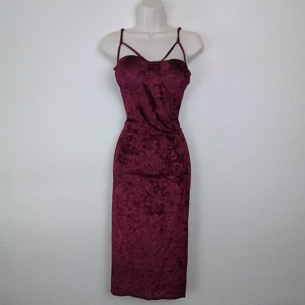 Crushed Velvet‎ Womens Red Sleeveless Adjustable Spaghetti Strap Bodycon Dress L - Picture 2 of 13